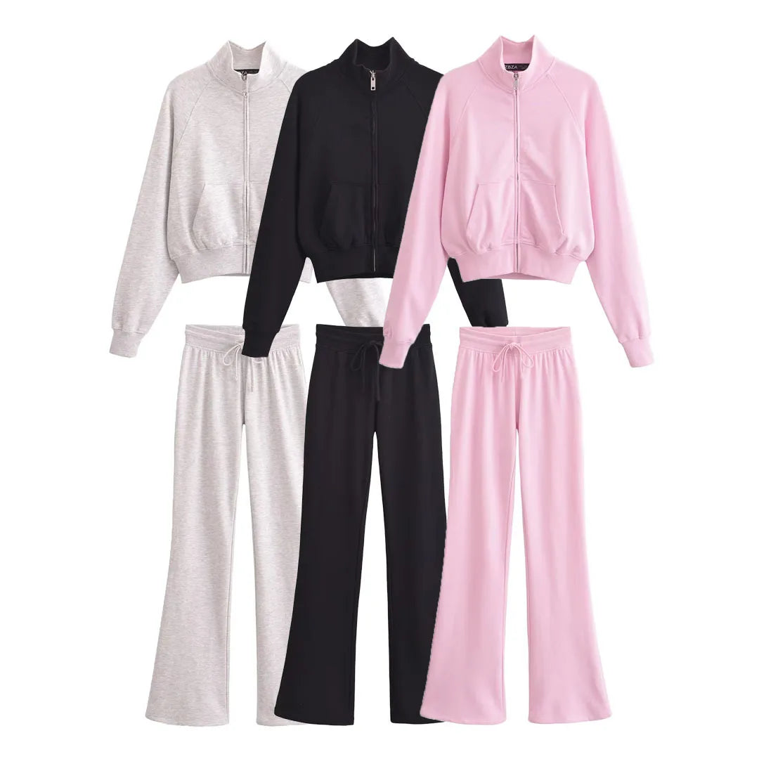 Women's Spring Warm Fleece Lined Zipper Jacket Sweatshirt Set Fashionable Stretch High Waist Women's Pants 2-piece Set