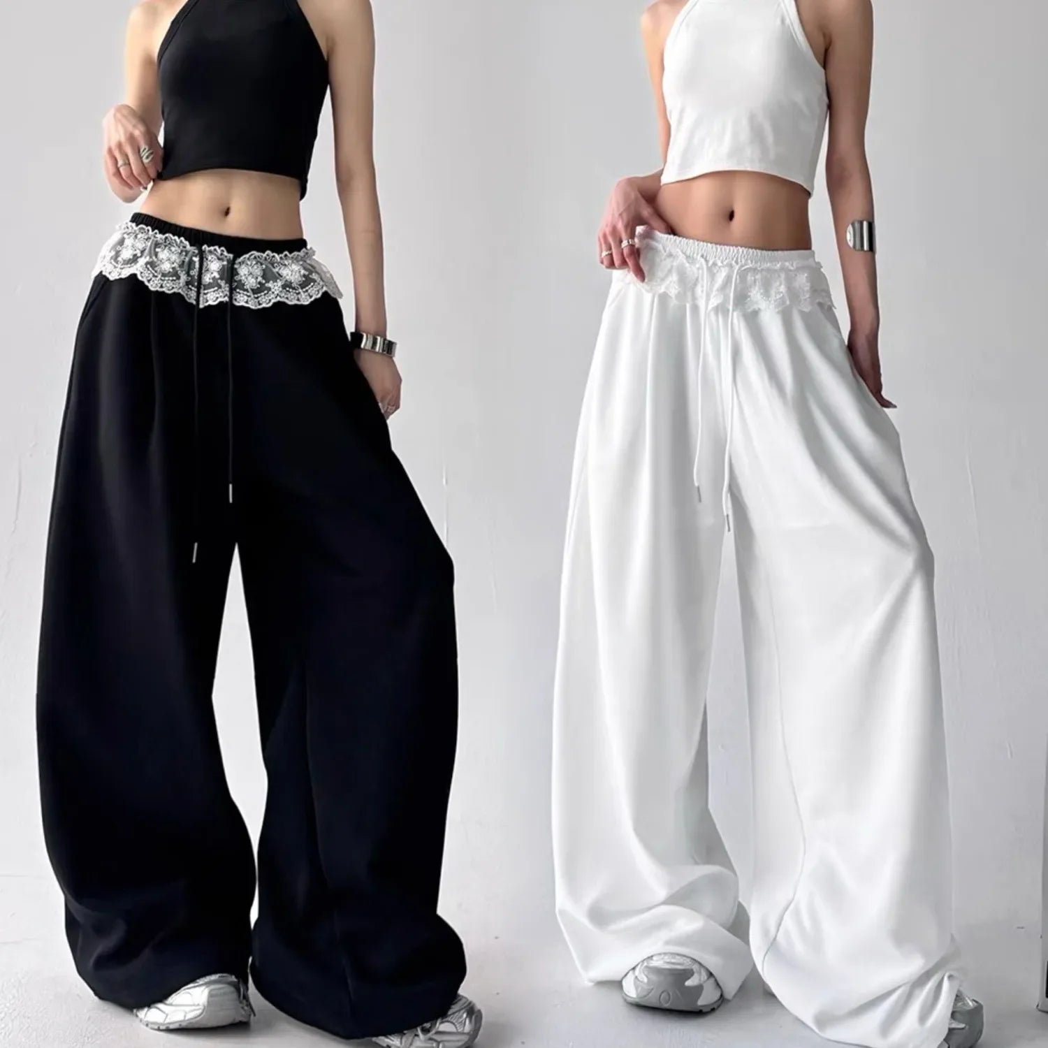 2025 New Women's Loose Lace Patchwork Waist Elastic Drawstring Casual Pants Comfortable Lightweight Sporty Long Trousers