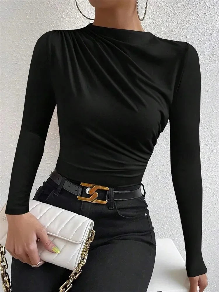 Casual Pleated Mock Neck Long Sleeve T-shirt for Women Autumn Winter Spring Solid Color Ruched Skinny Slim Fit Blouse Top Tshirt