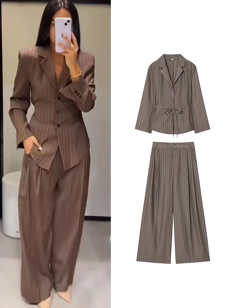 Women V-neck Gray Lace Up Stripes Blazer Straight Wide Leg Pants Set Women 2025 New Tide Fashion Shoulder Pad Blazer Outfit ﻿