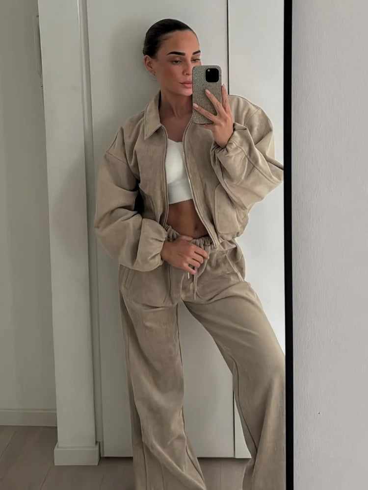 Suede Vintage Jacket Pants Women Suits Street Double Zipper Loose Lapel Coat High Waist Straight Pants Suits Autumn Tracksuit
