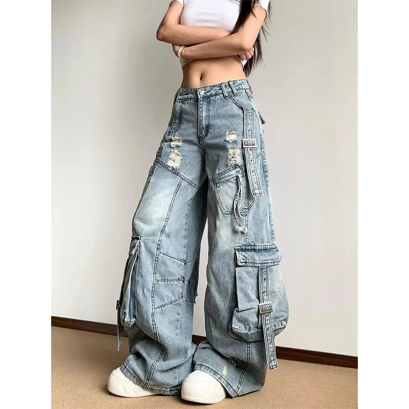 Women's Gothic Blue Jeans High Waist Vintage Korean Fashion Y2k Streetwear Ripped Pants Harajuku Casual Wide Leg Denim Trousers