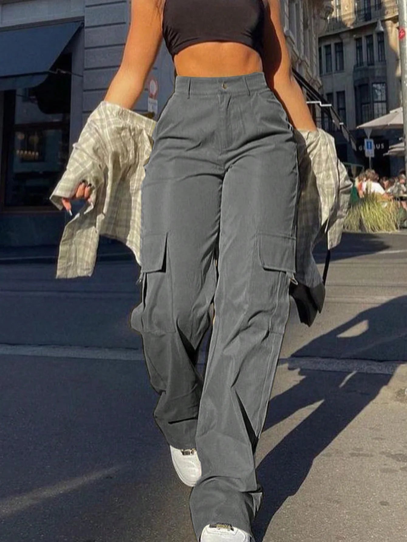 Y2K Women's Casual Cargo Pants High Street Oversized Pockets Dancewear Trousers Deep Gray Hip Pop 2025 Fashion New Loose Pant