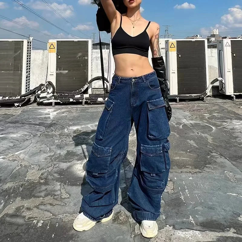 Trendy Streetwear Grey Fashion Patchwork Cargo Pants Long Bell Bottoms Waterwashed Distressed Style For Men And Women