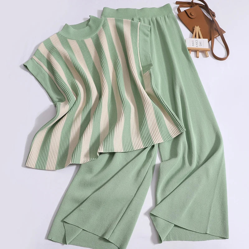 2-pieces Knit Set Casual Vertical Striped Pullovers Spring Summer Short Sleeved OL Tops For Woman Clothes Long Pant New In Suits