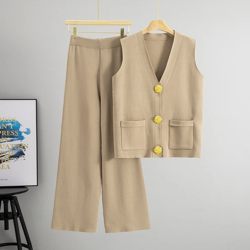 Casual Knit 2 Pieces Suit Women V-neck Sleeveless Single Breasted Slim Tank Wide leg Pants Female Set 2025 Spring Summer