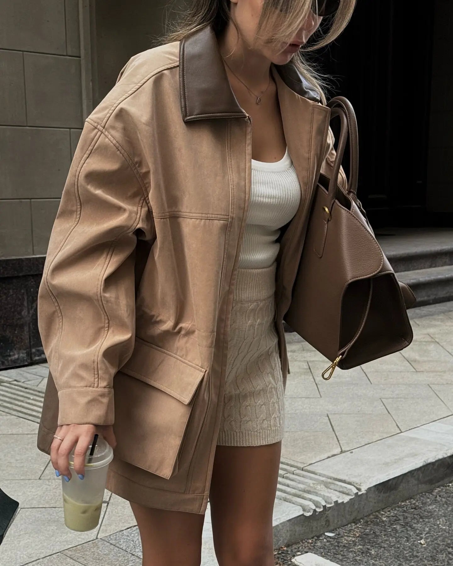 European and American style new lapel contrast color large pocket suede mid-length jacket coat women's fashionable all-match sho