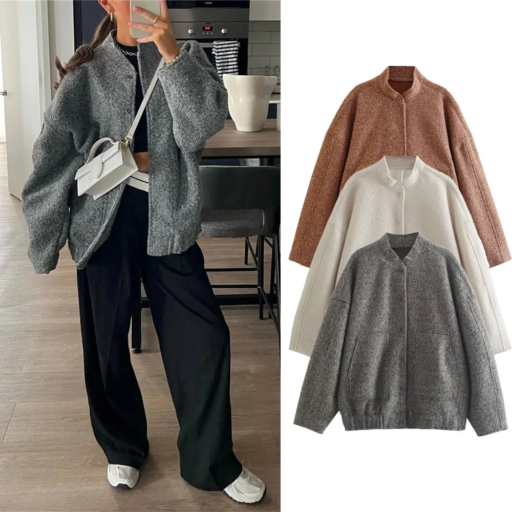 Woman Fashion Loose Gray Warm Baseball Jacket Autumn Casual Oversized Bomber Jacket Girls Vintage Thick Warm Outwear