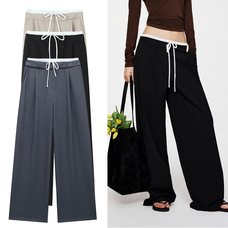 2025 New Solid Baggy Pants Fashion Women High Waist Loose Pocket Drawstring Wide Leg Pant Casual Office Lady Commute Sweatpants